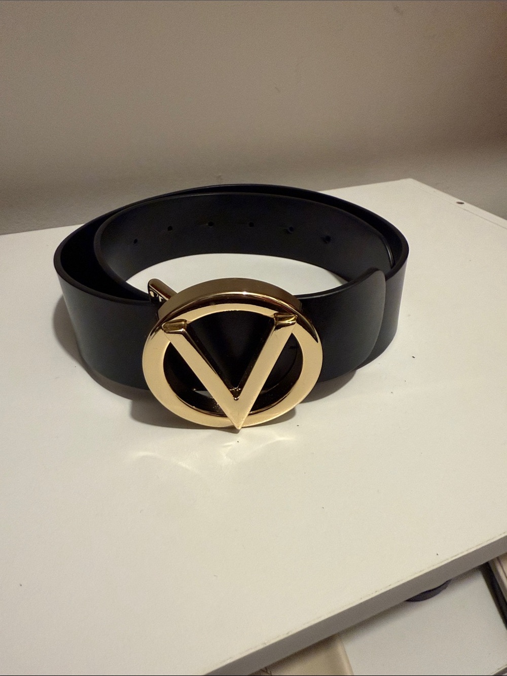 Valentino Black Belt with Gold Round Logo Buckle